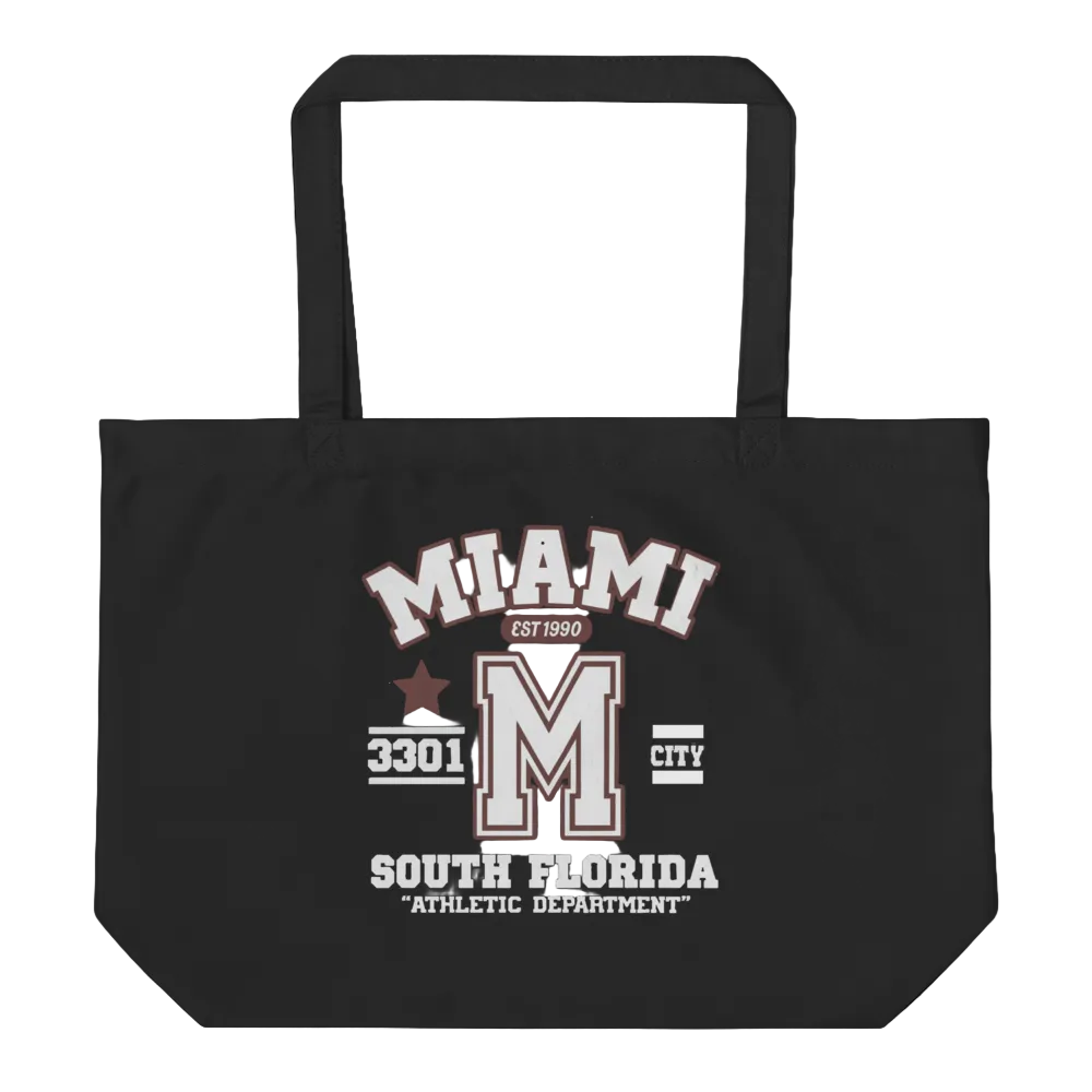 Black tote bag with 'Miami South Florida Athletic Department' text and logo on a white background